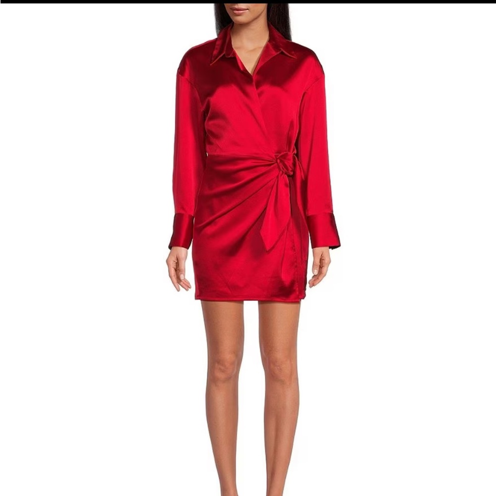 Gianni Bini Avery Satin Long Sleeve Point Collar Neck Faux Wrap Dress